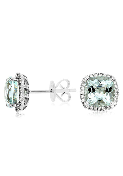 Cushion Shaped Aquamarine and Diamond Halo Earrings