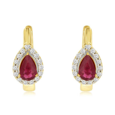 Pear Shaped Ruby and Diamond Halo Huggie Earrings