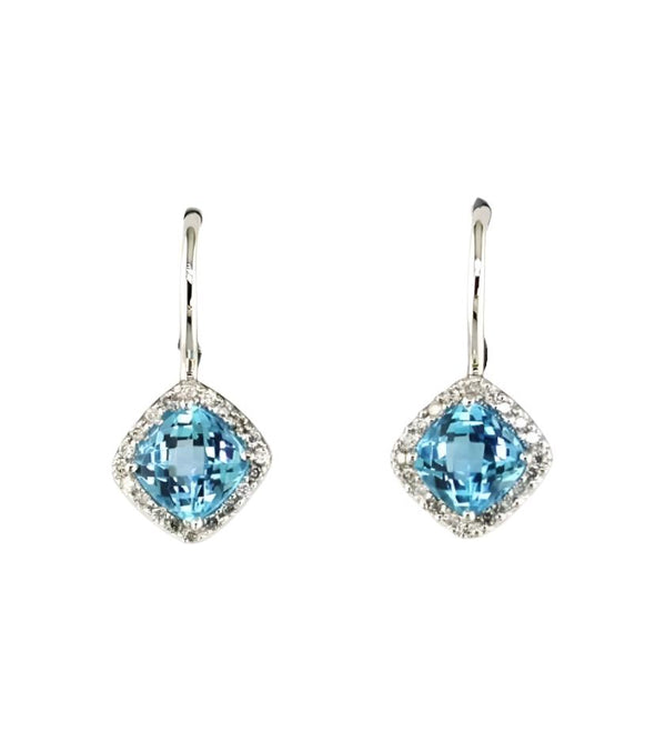 Blue Topaz and Diamond Halo Dangle Earrings