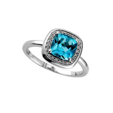 Cushion Shaped Blue Topaz and Diamond Halo Ring