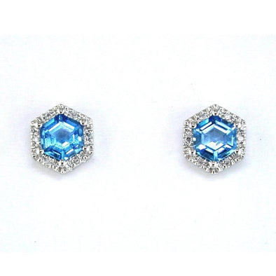 Hexagon Shaped Blue Topaz and Diamond Halo Design Stud Earrings