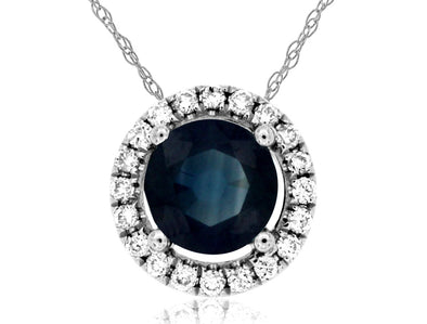 Round Sapphire and Diamond Halo Pendant