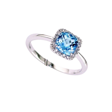 Cushion Shaped Blue Topaz and Diamond Halo Ring