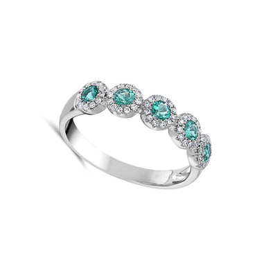 Five Emerald and Diamond Halo Design Ring