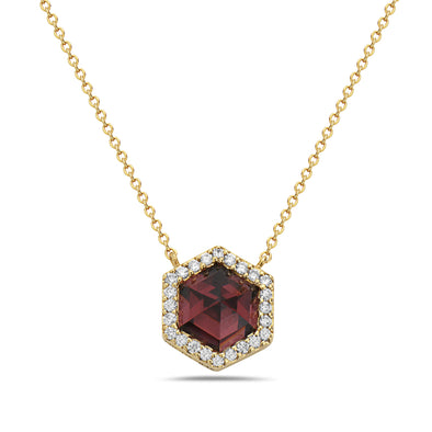 Hexagon Shaped Garnet and Diamond Halo Pendant