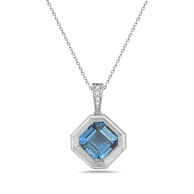 Blue Topaz and Brushed Finish Halo Pendant