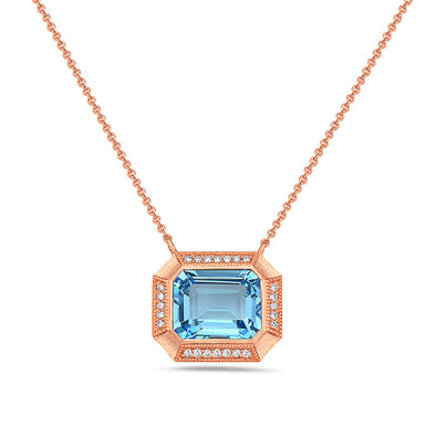 Emerald Cut Blue Topaz and Diamond Accented Halo Pendant