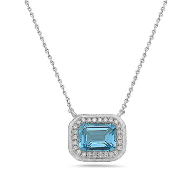 Emerald Cut Blue Topaz and Diamond Halo Pendant