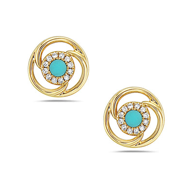 Turquoise and Diamond Halo Swirl Design Stud Earrings