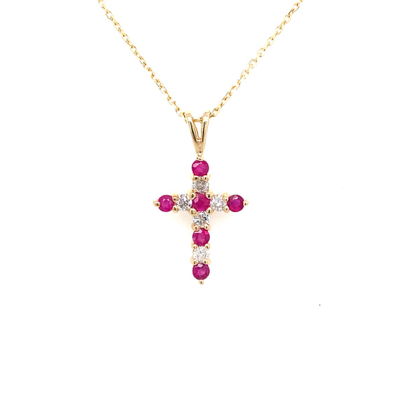 Ruby and Round Diamond Cross Pendant