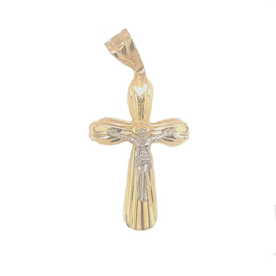 Flared Edge Etched Design Crucifix - 14kt Two-Tone Gold