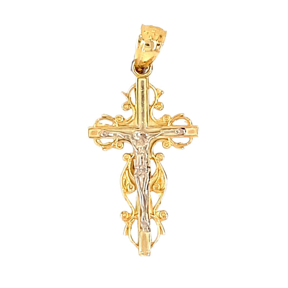 Open Scroll Detail Crucifix - 14kt Two-Tone Gold