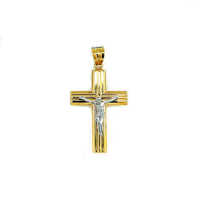 Etched Detail Block Style Crucifix - 14kt Two-Tone Gold