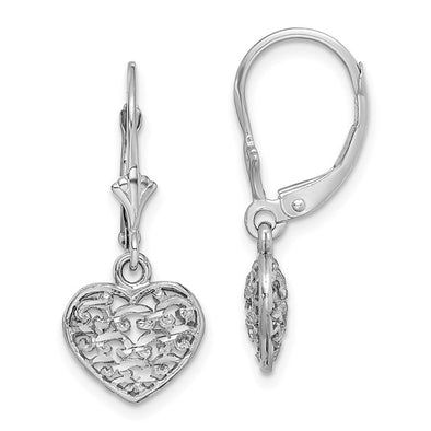 Diamond Cut Heart Design Dangle Earrings - 14kt White Gold