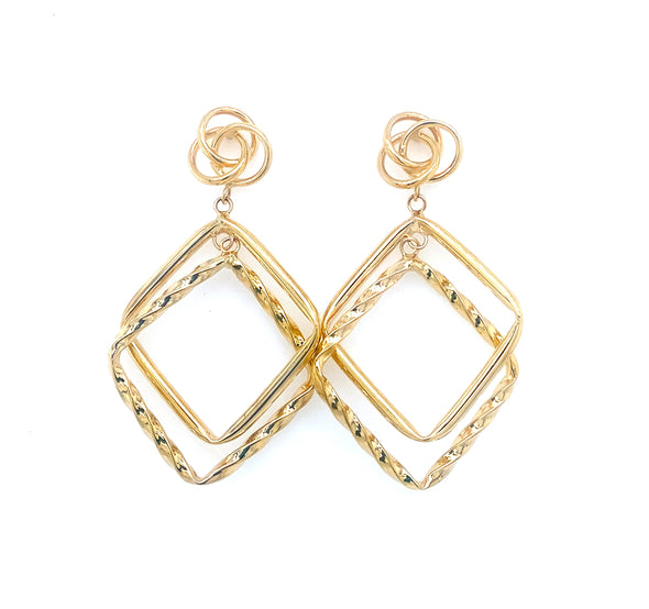 Double Geometric Dangle Design Earrings - 14kt Yellow Gold