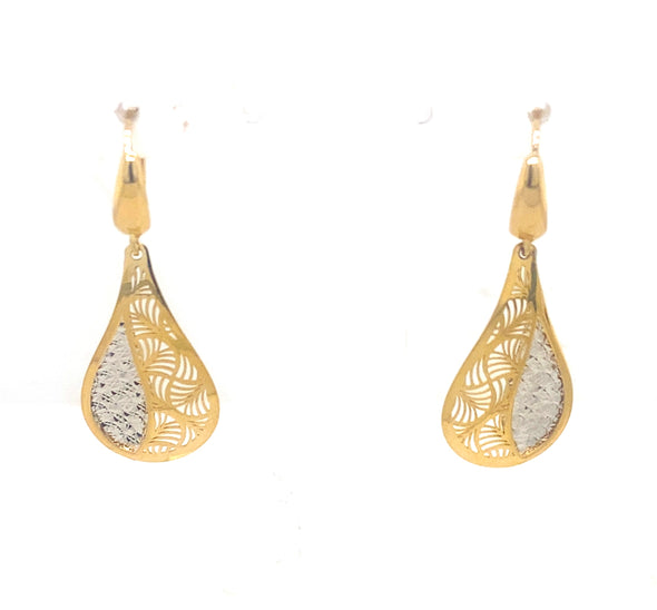 Teardrop Filagree Design Dangle Earrings - 14kt Two-Tone Gold