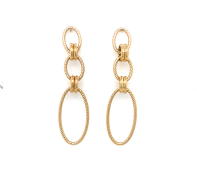 Triple Open Oval and Link Design Dangle Earrings - 14kt Yellow Gold