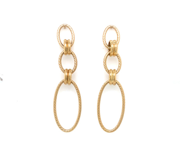 Triple Open Oval and Link Design Dangle Earrings - 14kt Yellow Gold