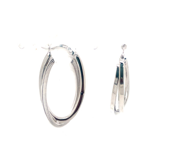 Crossover Design Oval Hoop Earrings - 14kt White Gold