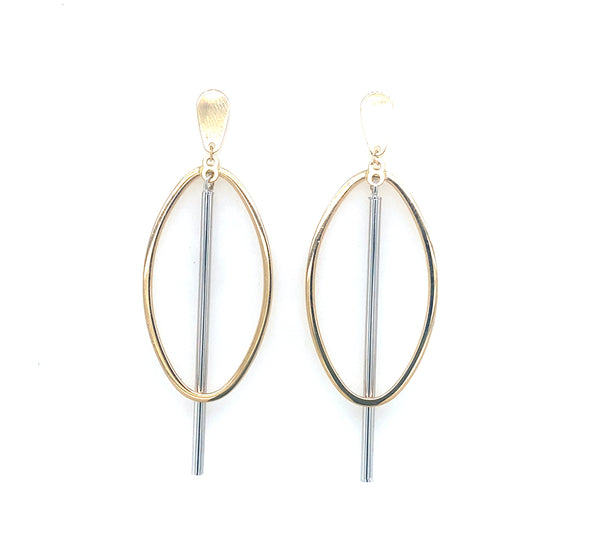 Open Oval and Stick Design Dangle Earrings - 14kt Two-Tone Gold