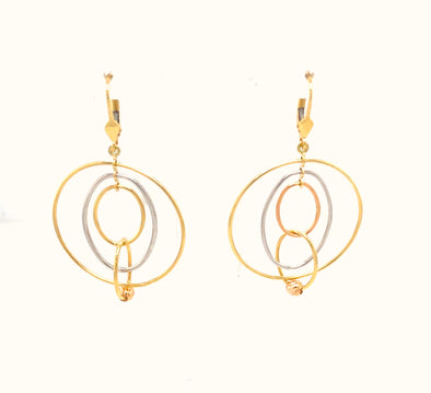 Oval and Triple Open Circle Design Dangle Earrings - 14kt Two-Tone Gold