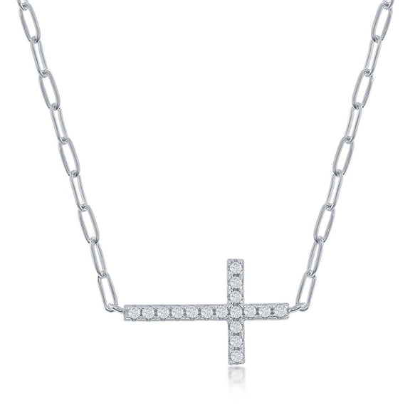 Cubic Zirconia Sideways Cross Design Necklace