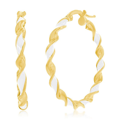 Gold Tone and White Enamel Twist Design Hoop Earrings