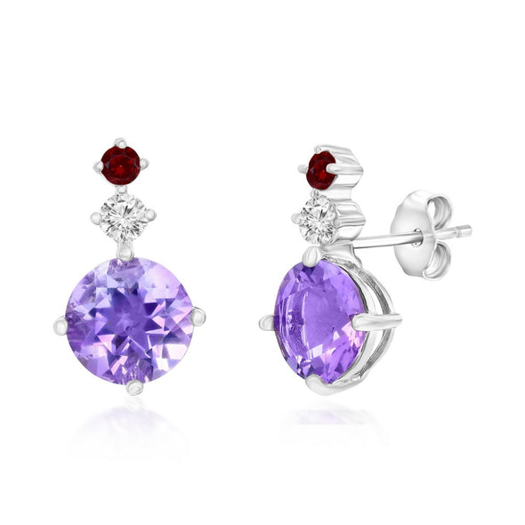 Amethyst, White Topaz and Garnet Drop Earrings