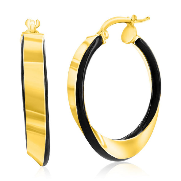 Gold Tone and Black Enamel Hoop Earrings