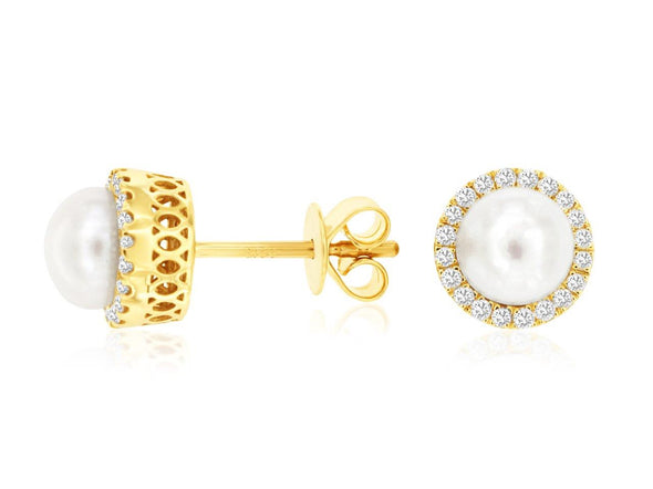 Pearl and Diamond Halo Stud Earrings