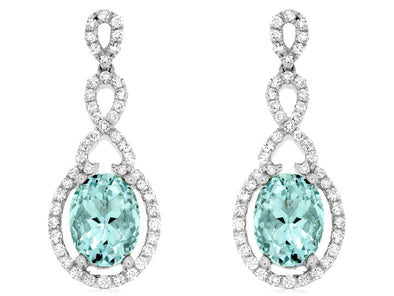 Oval Aquamarine and Swirl Diamond Halo Dangle Earrings