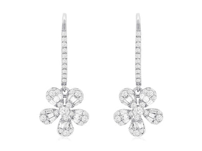 Baguette and Round Diamond Flower Design Drop Earrings