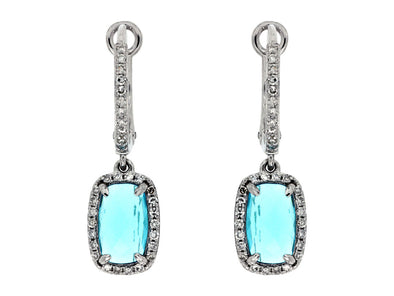 Cushion Cut Blue Topaz and Diamond Halo Drop Earrings