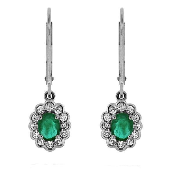 Vintage Style Oval Emerald and Diamond Halo Dangle Earrings