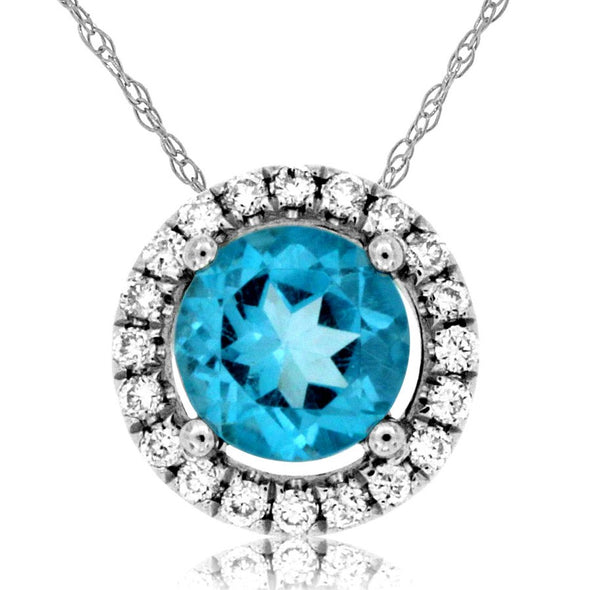 Round Blue Topaz and Diamond Halo Pendant